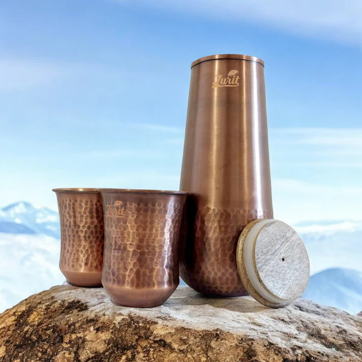 Luxury Dark Antique Copper Bottle Set with Wooden Lid & Matching Cups