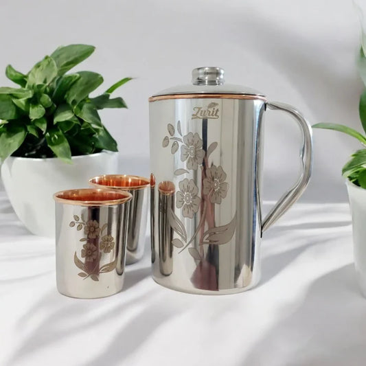 Steel-Finish Copper Set – Floral Laser Design 1500 ml